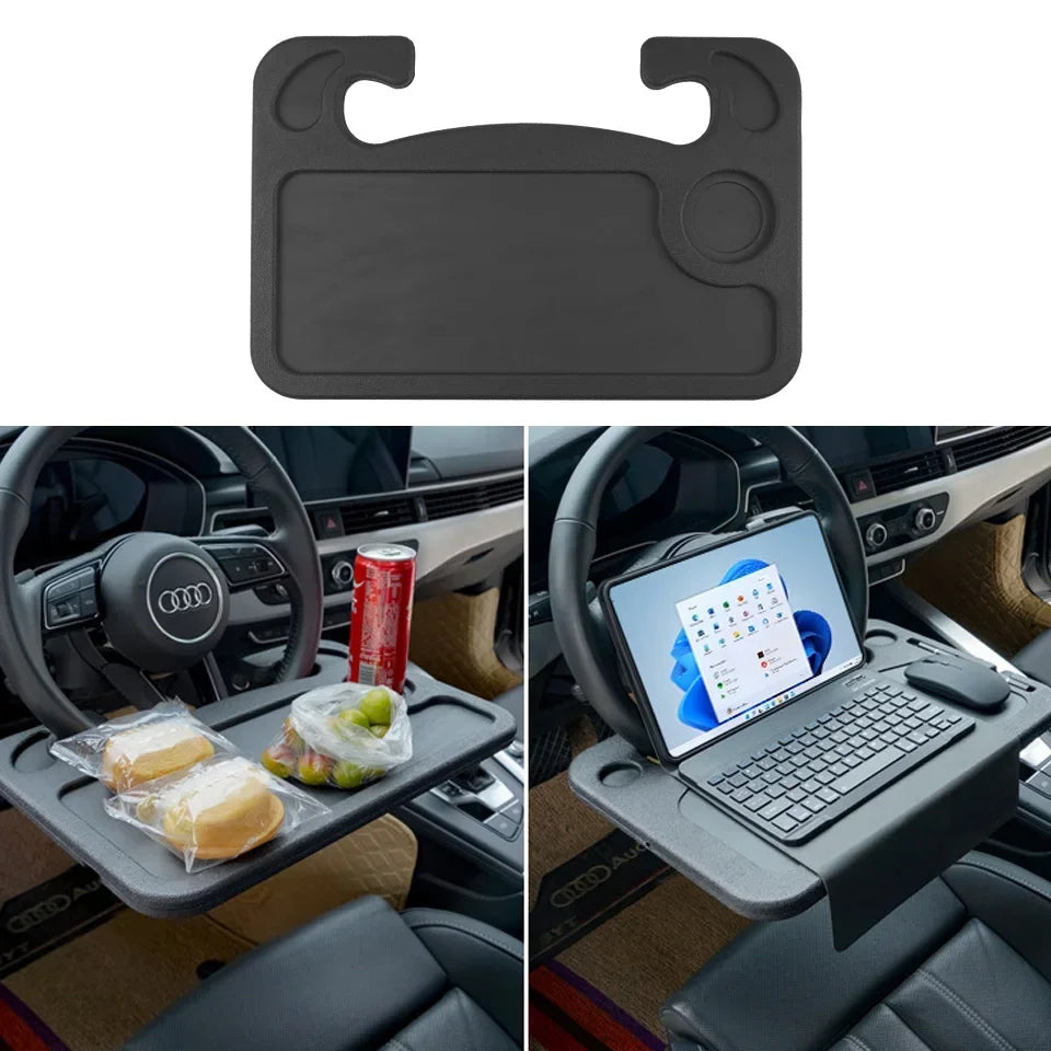 Revolutionize Your Travel Experience with Our Multifunctional Car Dining Table: Steering Wheel Tray, Beverage Rack, and Writing Desk