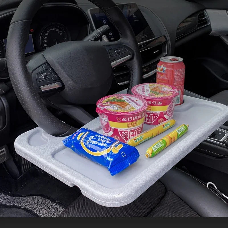 Revolutionize Your Travel Experience with Our Multifunctional Car Dining Table: Steering Wheel Tray, Beverage Rack, and Writing Desk