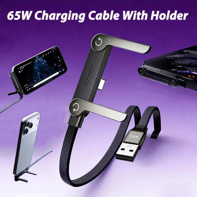 65W USB Fast Charging Cable with Foldable Phone Holder - 2-in-1 Type-C Quick Charge Data Cable for Mobile Devices