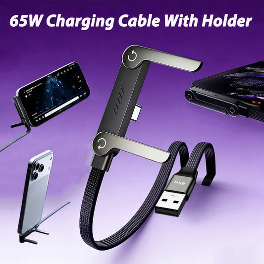 65W USB Fast Charging Cable with Foldable Phone Holder - 2-in-1 Type-C Quick Charge Data Cable for Mobile Devices