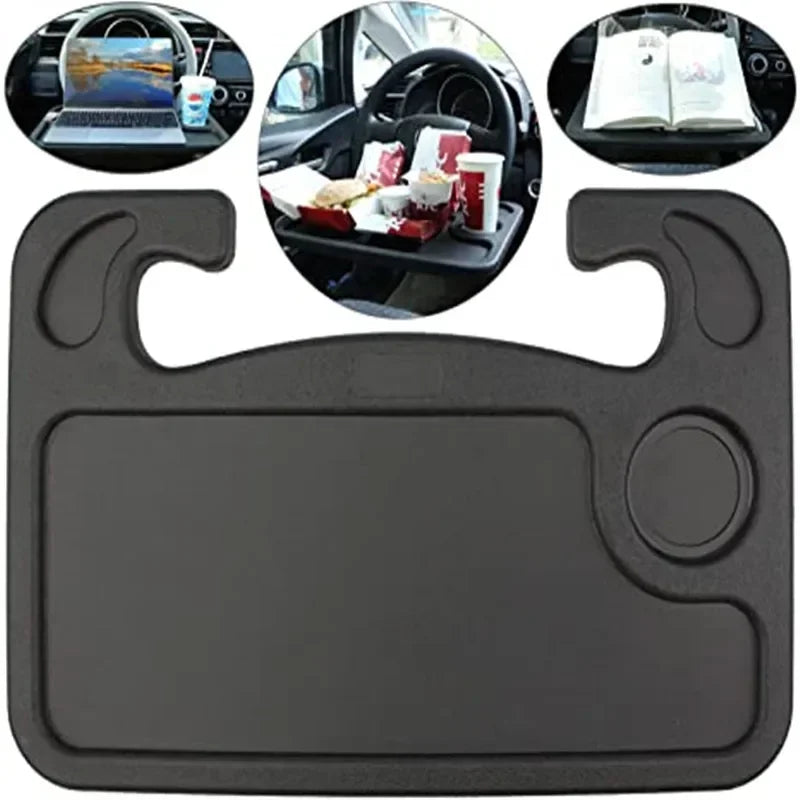 Revolutionize Your Travel Experience with Our Multifunctional Car Dining Table: Steering Wheel Tray, Beverage Rack, and Writing Desk