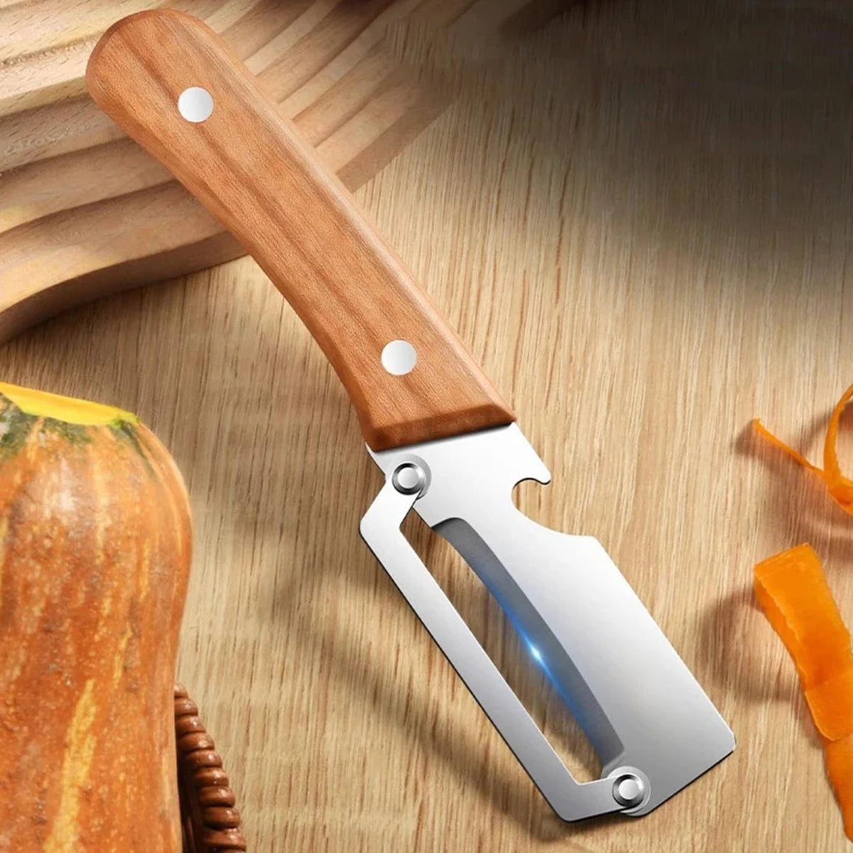 Elevate Your Cooking with Our Stainless Steel Vegetable Peeler Featuring a Comfortable Wooden Handle – Perfect for Effortless Peeling and Slicing!