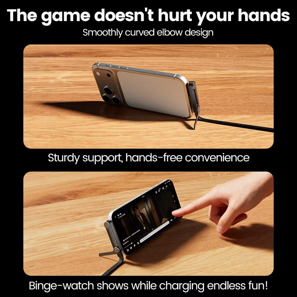 65W USB Fast Charging Cable with Foldable Phone Holder - 2-in-1 Type-C Quick Charge Data Cable for Mobile Devices