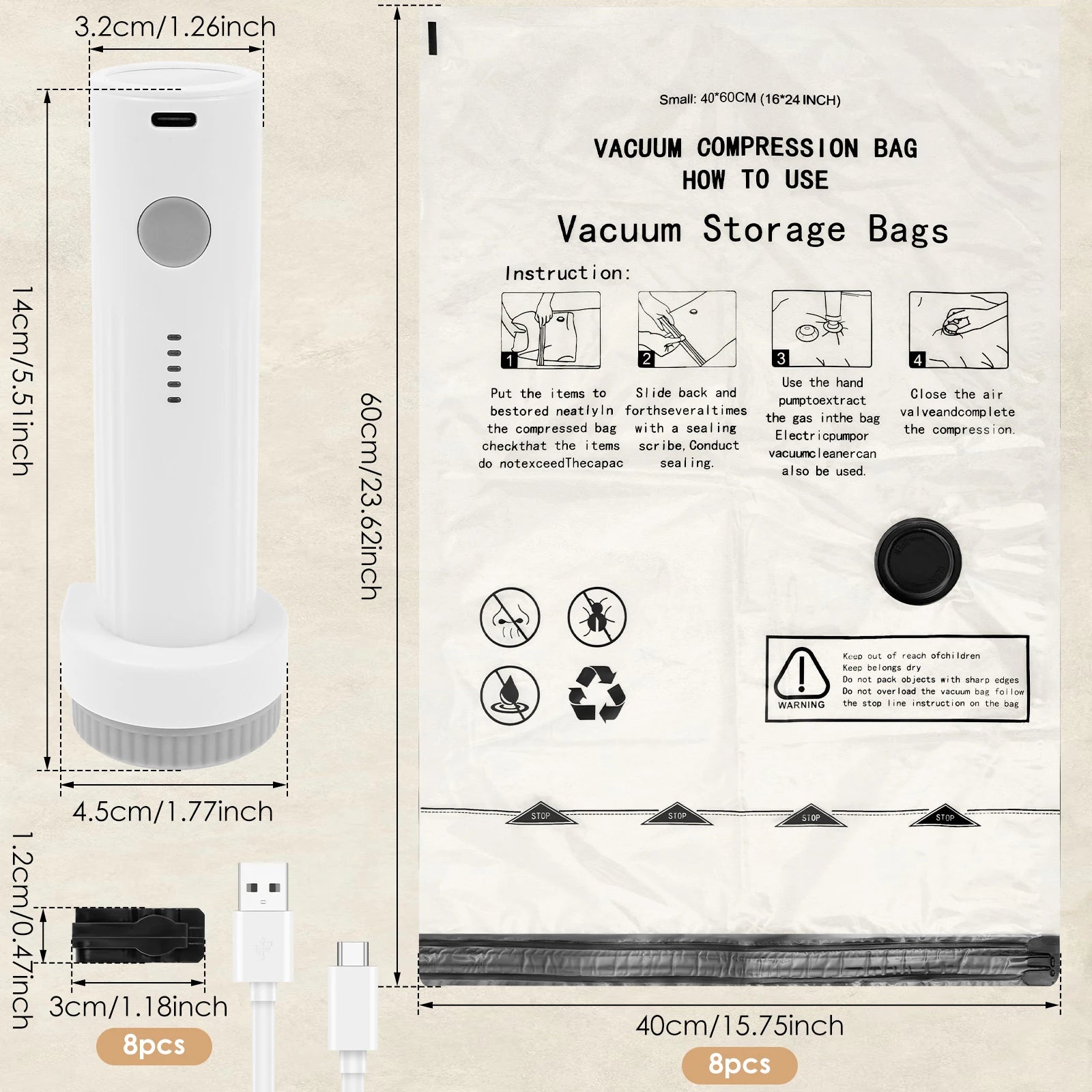 Maximize Your Space with the 8-Piece Vacuum Storage Bag Set and USB Electric Pump - Fast Compression & Triple Seal Protection for Travel and Home