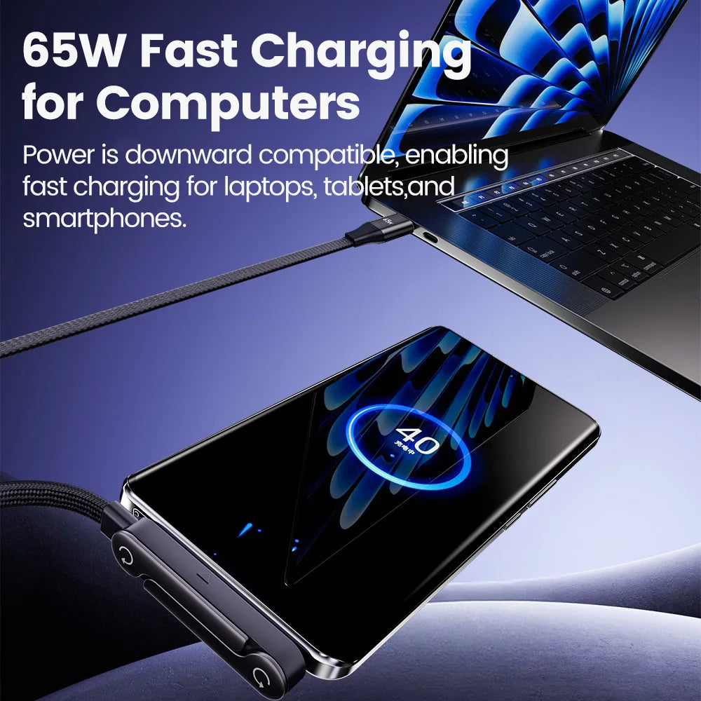 65W USB Fast Charging Cable with Foldable Phone Holder - 2-in-1 Type-C Quick Charge Data Cable for Mobile Devices