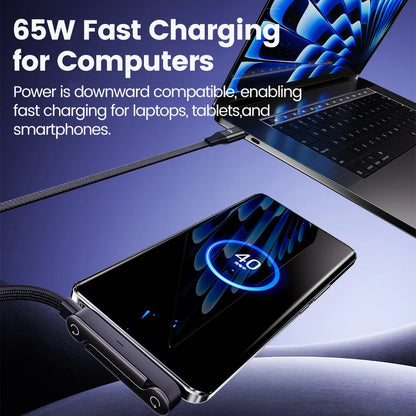 65W USB Fast Charging Cable with Foldable Phone Holder - 2-in-1 Type-C Quick Charge Data Cable for Mobile Devices