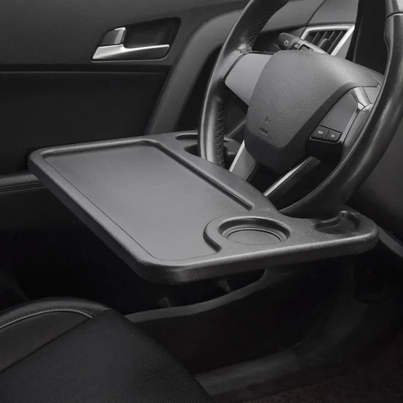 Revolutionize Your Travel Experience with Our Multifunctional Car Dining Table: Steering Wheel Tray, Beverage Rack, and Writing Desk