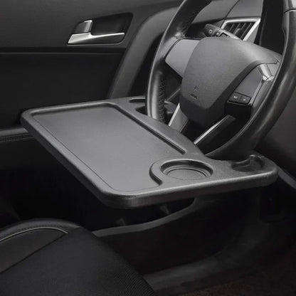Revolutionize Your Travel Experience with Our Multifunctional Car Dining Table: Steering Wheel Tray, Beverage Rack, and Writing Desk