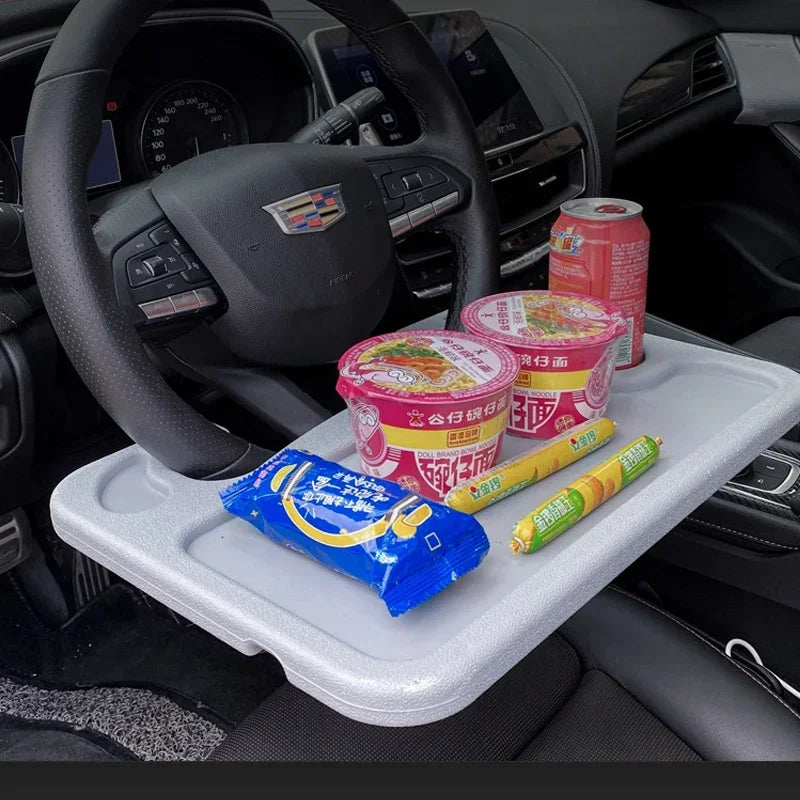 Revolutionize Your Travel Experience with Our Multifunctional Car Dining Table: Steering Wheel Tray, Beverage Rack, and Writing Desk